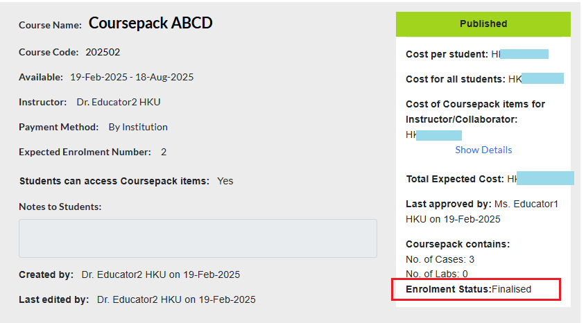 coursepack page shows finailzed enrollment